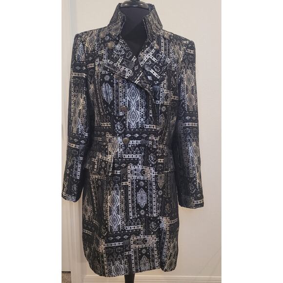 Christopher & Banks Duster Jacket Women’s L Black Silver Tapestry EUC - Picture 1 of 14